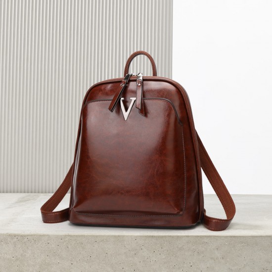 New Korean Style Waxed Genuine Leather Backpack - Fashion Minimalist Multi-Functional Women's Bag