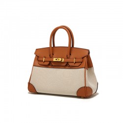 2025 Autumn New Women's Bag - European Niche Design Leather & Canvas Color Block Birkin Bag