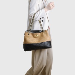 2025 New Color Block Suede Chanel-Style Bag - Quilted Chain Underarm Bag, Top-Handle & Crossbody Bucket Bag
