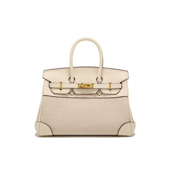 2025 Autumn New Women's Bag - European Niche Design Leather & Canvas Color Block Birkin Bag