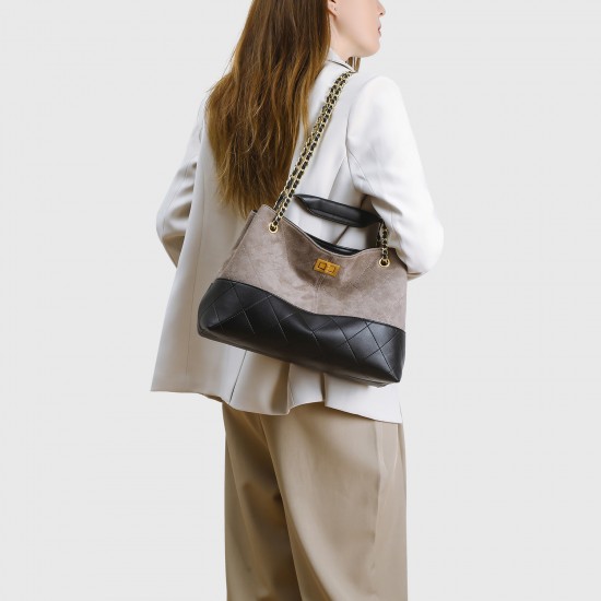 2025 New Color Block Suede Chanel-Style Bag - Quilted Chain Underarm Bag, Top-Handle & Crossbody Bucket Bag