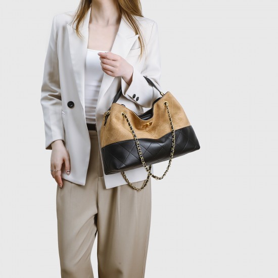 2025 New Color Block Suede Chanel-Style Bag - Quilted Chain Underarm Bag, Top-Handle & Crossbody Bucket Bag