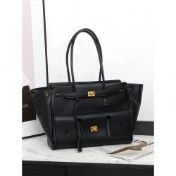 Rodeo Large Capacity Commuter Shoulder Bag - Punk Lock Wing Design Genuine Leather Shopping Tote