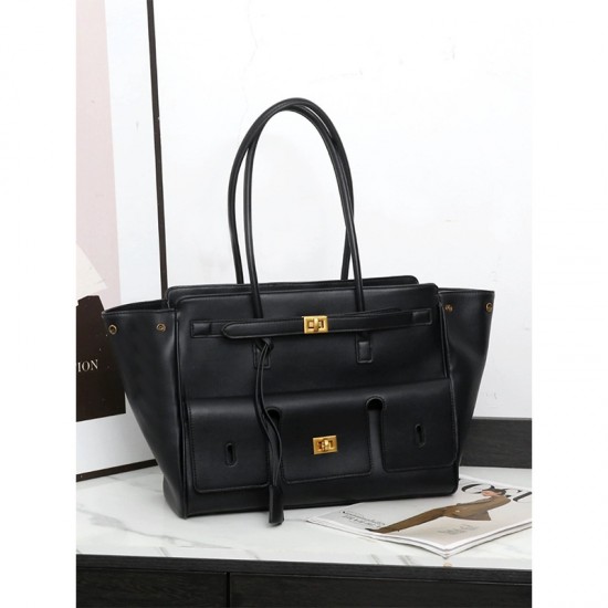 Rodeo Large Capacity Commuter Shoulder Bag - Punk Lock Wing Design Genuine Leather Shopping Tote