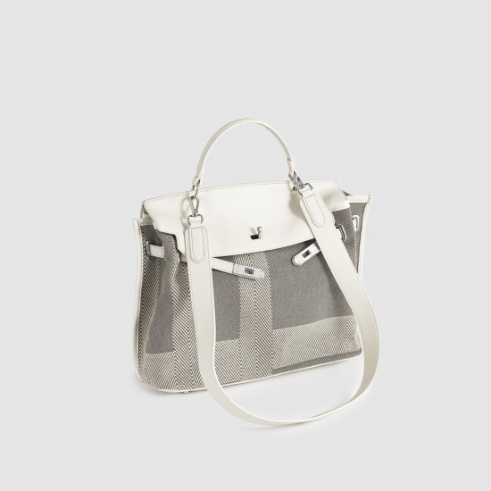 2025 New Soft Leather Kelly Tote Bag - Canvas Patchwork Women's Bag, Large Capacity, Crossbody & Top-Handle Birkin Style